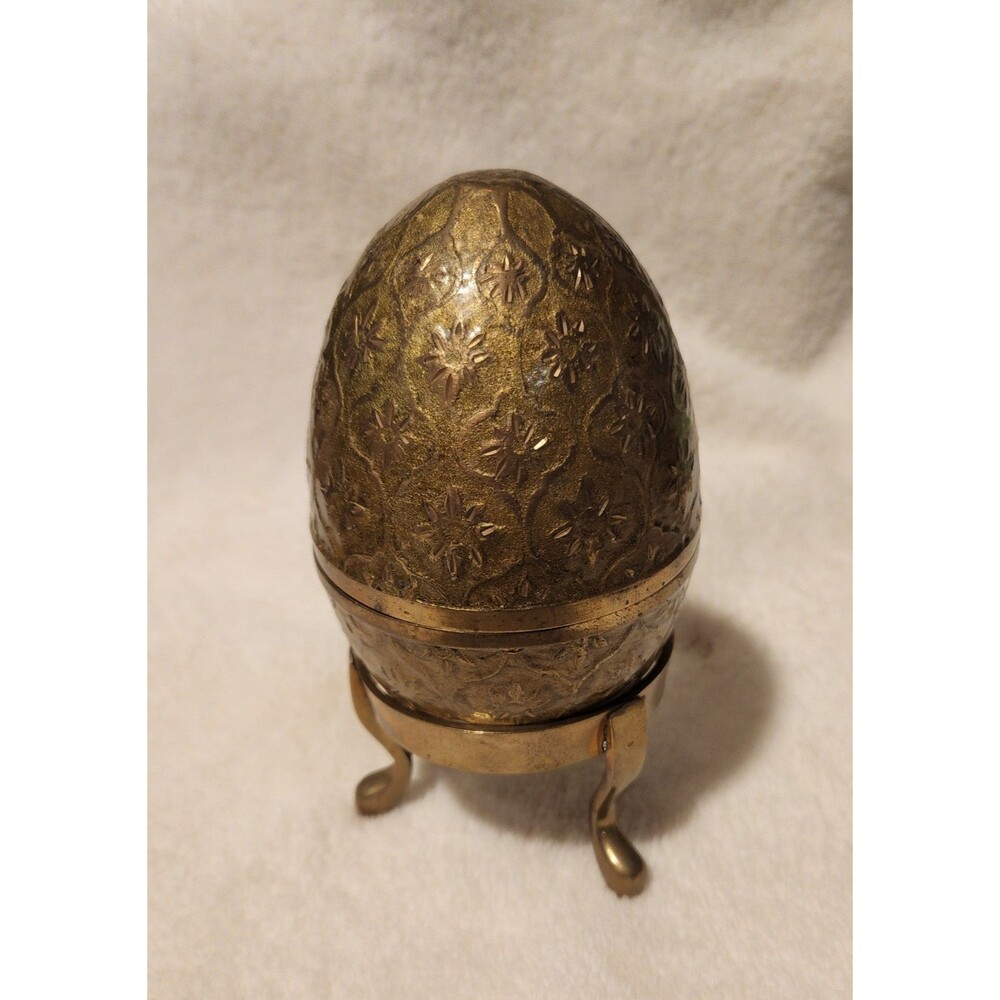 Brass Egg and Brass stand. Made in India. Vintage Decor Hide Items Inside